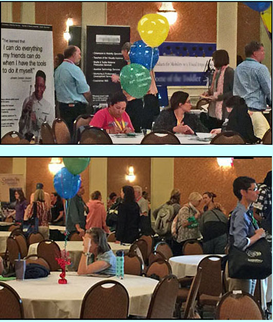 two photos show vendors' tables with baloons, and people talking with the vendors.  Nearby are tables with people sitting and talking with each other.