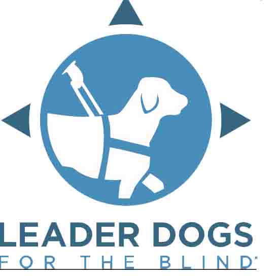 logo has a circle around a drawing of a dog walking with harness and says 'LEADER DOGS FOR THE BLIND