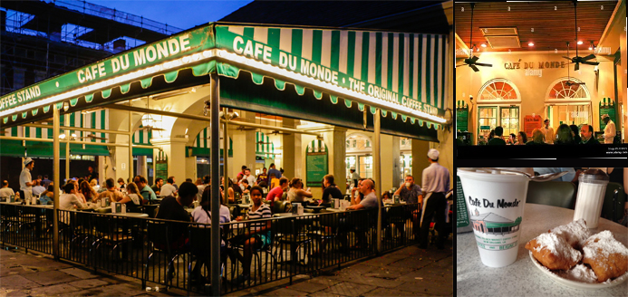 two pictures show a covered patio with ceiling fans, tables and diners, another photo shows a plate with the beignets -- pastries covered with powdered sugar -- and a cup of coffee. 