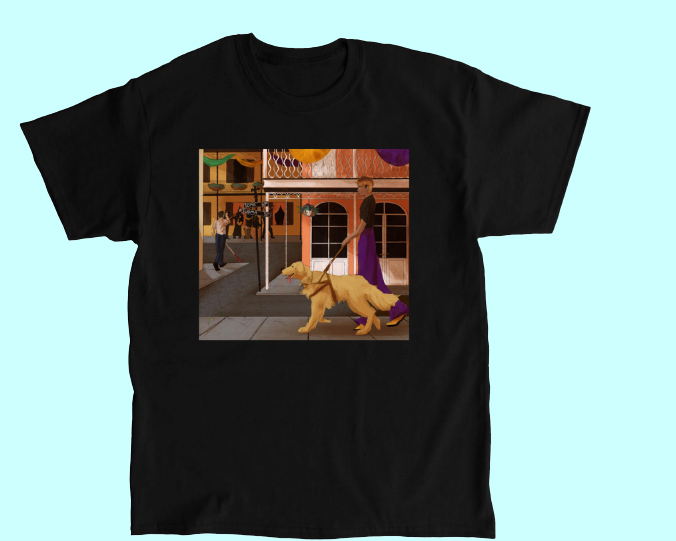  black T-shirt has the colorful drawing showing a New Orleans intersection with streets named 'SOMA 60th' and 'SWOMA 50th'.  A young person walks with a guide dog and around the corner another person with a white cane is listening to a jazz band across the street. 