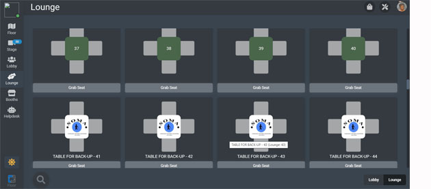 picture shows 8 tables, 4 are colored green and 4 have a logo on them.